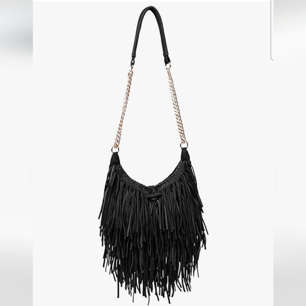 NWOT Lui Sui Black Faux Suede Leather Fringe Crossbody Chain Shoulder Bag